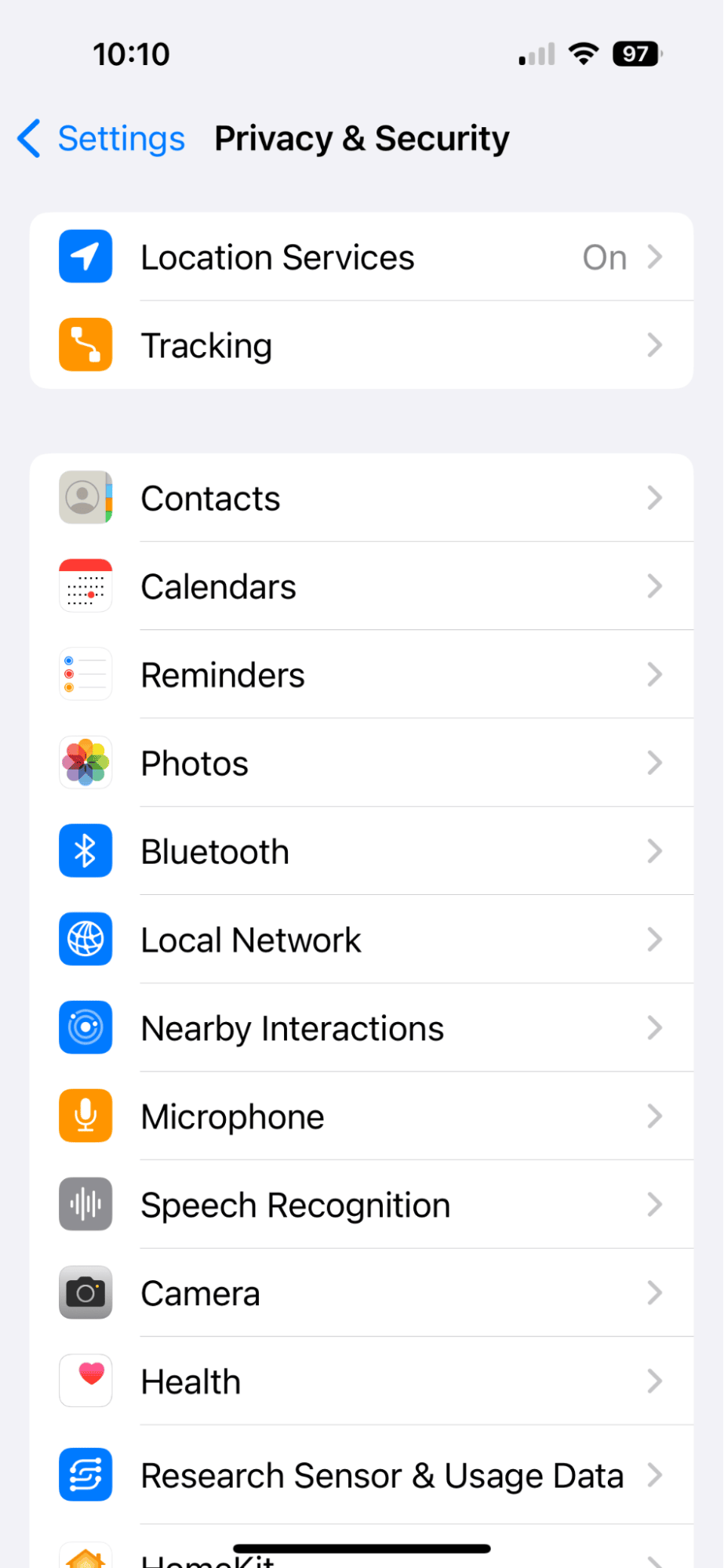 Privacy&Security settings on iPhone